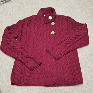 Shannon Woolen Mills Chunky Cable Knit Fisherman Cardigan Sweater Women Sz L Red
